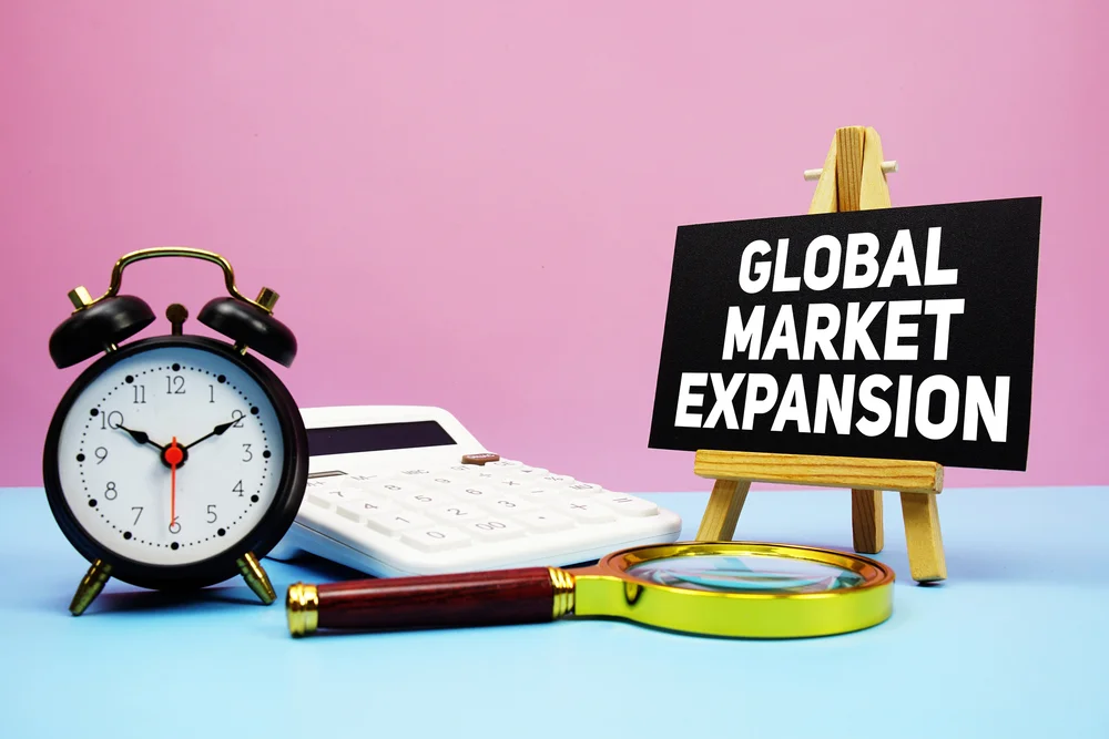 World map highlighting EMEA and APAC regions with market entry strategy icons.
