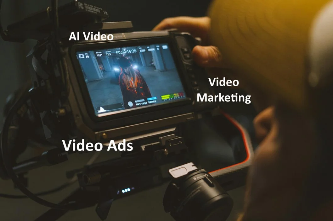 Digital screens showing AI-enhanced video advertising content.