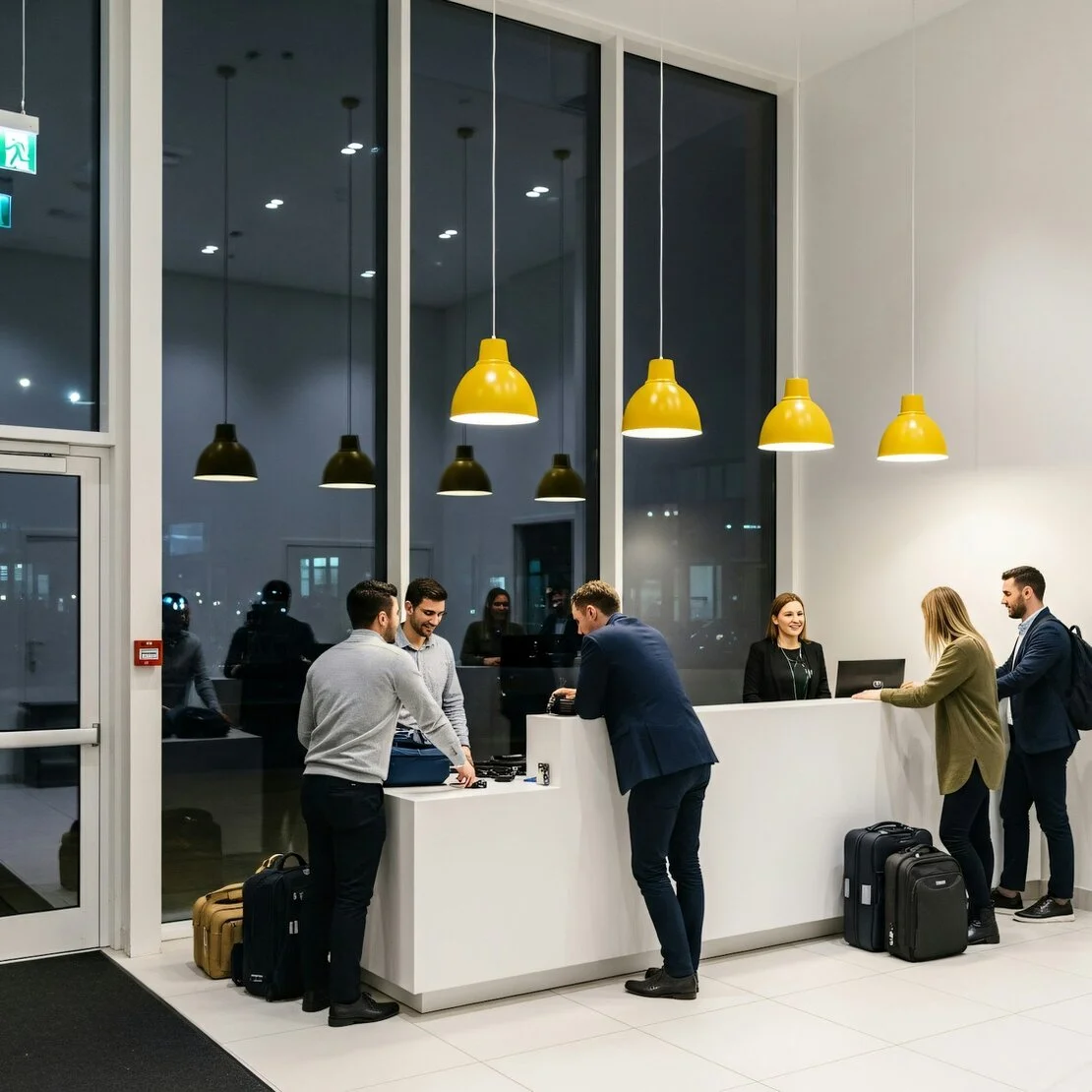 Global hospitality group headquarters with digital dashboards in the background.